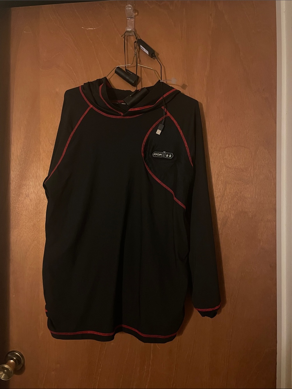 Black Hoodie with Red Stitching - Lightweight Pullover heated shirt